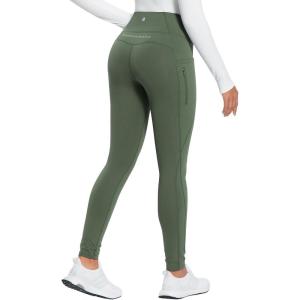 imagebaleaf 2530 Womens Fleece Lined Leggings Water Resistant High Waist Winter Running Hiking Pants Zipper Pockets30 Inch Army Green