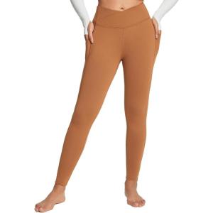 imagebaleaf Womens Crossover Fleece Lined Leggings with Pockets Thermal Warm Winter Tights Crossover High Waisted Yoga PantsCaramel