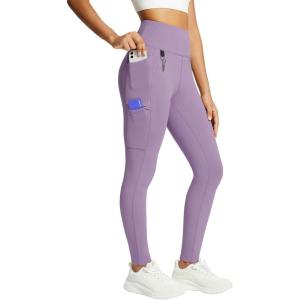 imagebaleaf Womens Fleece Lined Leggings Waterproof Winter Hiking Pants Thermal Running Tights Zipper Pockets High WaistedGrape