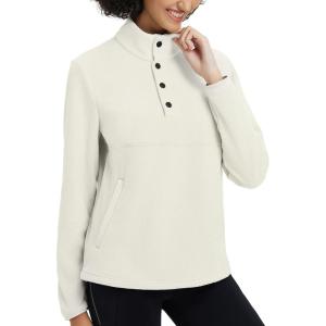 imagebaleaf Womens 14 Buttom Down Fleece Pullover Thermal Long Sleeve Shirts Ski Mid Layer with Pockets Thumbhole Warm TopsWhite