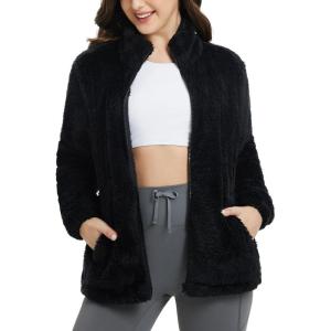 imagebaleaf Womens Fleece Full Zip Up Jacket Fuzzy Lightweight Warm Middle Layer Ski Jacket Winter CoatBlack