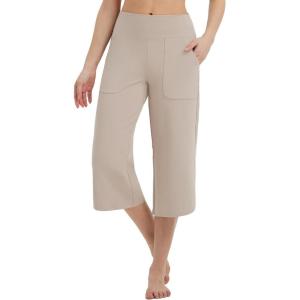 imagebaleaf Capris Pants for Women Yoga Capri Leggings with Pockets Loose High Waist Crop Workout Pants Wide Leg Casual SummerKhaki