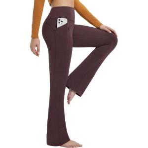 imagebaleaf Fleece Lined Leggings for Women Mini Flare Stretchy High Waisted with Pockets Yoga Workout Travel Casual PantsDark Brown