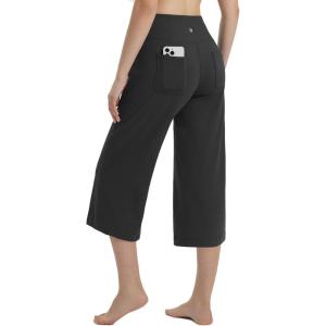 imagebaleaf Womens Capri Pants Wide Leg Yoga Dress Capris High Waist Cropped Pants with Pockets Loose Lounge Travel SummerBlack