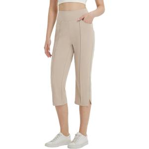 imagebaleaf Womens Capri Yoga Pants with 4 Pockets Capris Leggings Dressy Casual Stretch Crop Lounge Straight Open Bottom SummerKhaki