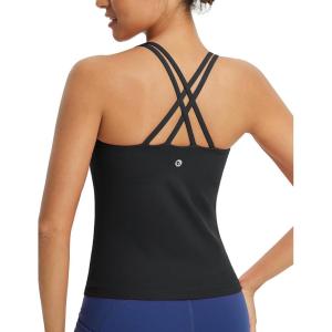 imagebaleaf Womens Workout Tank Tops with Wireless Padded Yoga Crop Longline Sports Bras Double Spaghetti StrapBlack