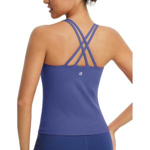 imagebaleaf Womens Workout Tank Tops with Wireless Padded Yoga Crop Longline Sports Bras Double Spaghetti StrapNavy Blue