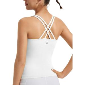 imagebaleaf Womens Workout Tank Tops with Wireless Padded Yoga Crop Longline Sports Bras Double Spaghetti StrapStar White