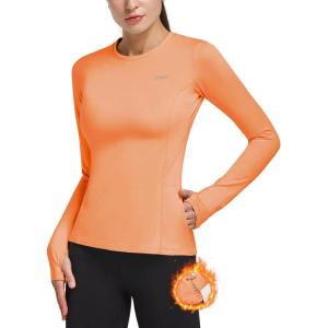 imagebaleaf Thermal Shirts for Women Long Sleeve Fleece Tops Running Workout Cold Weather Gear Compression Zipper PocketApricot