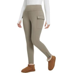 imagebaleaf Womens Thick Fleece Lined Leggings Winter Warm Thermal High Waisted Tummy Control Snow Ski PantsKhaki
