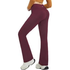 imagebaleaf Fleece Lined Leggings for Women Mini Flare Warm Yoga Pants Stretchy High Waisted with 4 Pockets Workout Casual PantsWine Red