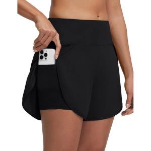 imagebaleaf Womens 5quot Swim Shorts High Waisted 2 in 1 Board Shorts Quick Dry Swimming Bottom with Pockets UPF 50Black