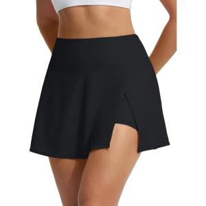 imageBALEAF Womens High Waisted 14 Swim Skirts Boxer Liner Quick Dry Bathing Suit Split Swimsuit Bottom with PocketBlack
