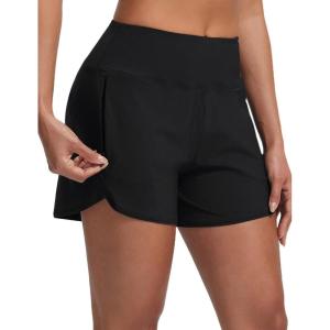 imagebaleaf Womens 4 High Waisted Swim Board Shorts Quick Dry UPF50 with Zipper PocketsBlack