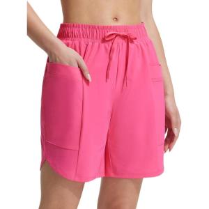 imagebaleaf Womens 7 Long Board Shorts High Waisted Swim Shorts Modest Swimsuits with Pockets Quick Dry UPF50Pink