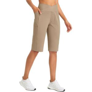 imagebaleaf Womens Bermuda Long Shorts 14 Knee Length Capris High Waisted Athletic Shorts with Pockets Summer Stretch LooseBrown