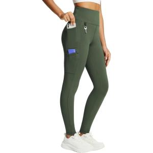 imagebaleaf Womens Fleece Lined Leggings Waterproof Winter Hiking Pants Thermal Running Tights Zipper Pockets High WaistedDark Army Green