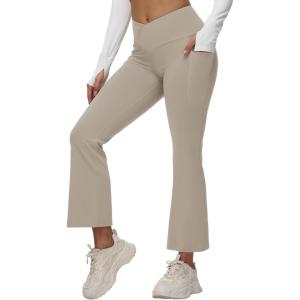 imagebaleaf Womens Petite Flare Leggings Tummy Control Crossover High Waisted Yoga Pants with Pockets Work Casual 27Khaki