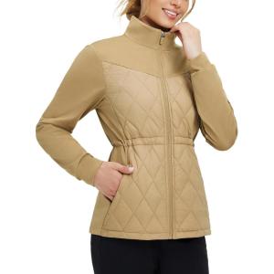 imagebaleaf Womens Quilted Jackets Golf Winter Lightweight Warm Stand Collar Water Resistant Puffer Jacket 4 PocketsBrown