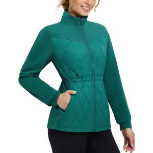 imagebaleaf Womens Quilted Jackets Golf Winter Lightweight Warm Stand Collar Water Resistant Puffer Jacket 4 PocketsGreen