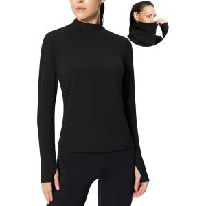 imagebaleaf Womens Thermal Long Sleeve Shirts Fleece Mock Neck Top Warm Undershirts with Detachable Neck Gaiter ThumbholesBlack