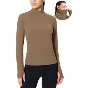 imagebaleaf Womens Thermal Long Sleeve Shirts Fleece Mock Neck Top Warm Undershirts with Detachable Neck Gaiter ThumbholesBrown