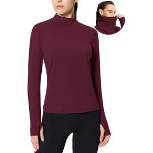 imagebaleaf Womens Thermal Long Sleeve Shirts Fleece Mock Neck Top Warm Undershirts with Detachable Neck Gaiter ThumbholesWine Red