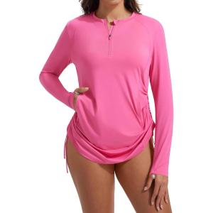 imagebaleaf Rash Guard for Women Long Sleeve Swim Shirt UPF 50 Swimsuits Top for Women with Kangaroo PocketPink