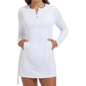 imagebaleaf Rash Guard for Women Long Sleeve Swim Shirt UPF 50 Swimsuits Top for Women with Kangaroo PocketWhite