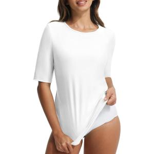 imagebaleaf UPF50 Rash Guard for Women Elbow Length UV Protection Swim Shirts Quick Dry Sun Shirts Lightweight Swimsuits TopStar White