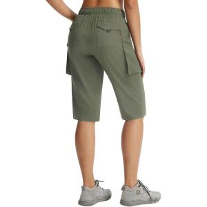 imagebaleaf Womens 15 Long Shorts with 7 Pockets Hiking Bermuda Shorts Knee Length Lightweight Quick Dry Cargo CaprisArmy Green
