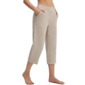 imagebaleaf Womens Capri Pants High Waisted Straight Leg Yoga Capris Leggings with Pockets Crop Workout 21 Summer PantsKhaki