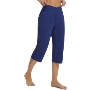 imagebaleaf Womens Capri Pants with Pockets High Waisted Yoga Capri Leggings 18 Cropped Pants Workout Straight Leg Casual SummerNavy Blue