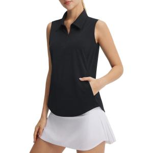 imagebaleaf Womens Golf Shirts Sleeveless Pockets Tennis Tops Workout Athletic Polo V Neck Collared UPFBlack