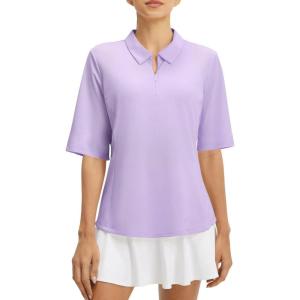 imagebaleaf Womens Half Sleeve Golf Shirts Elbow Length Sleeve Quarter Zip Polo Tops V Neck UPF 50 Sun Protection WorkoutLight Purple