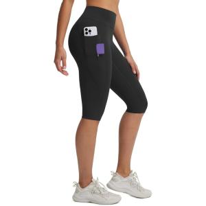imagebaleaf Womens Knee Length Capri Leggings with 3 Pockets Yoga Capri Pants High Waisted Summer Casual WokroutBlack