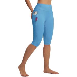 imagebaleaf Womens Knee Length Capri Leggings with 3 Pockets Yoga Capri Pants High Waisted Summer Casual WokroutBlue