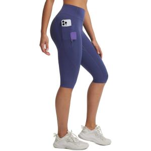 imagebaleaf Womens Knee Length Capri Leggings with 3 Pockets Yoga Capri Pants High Waisted Summer Casual WokroutNavy Blue