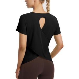 imagebaleaf Womens Short Sleeve Athletic Shirts Open Back Workout Tops Quick Dry Loose Fit Gym Running Yoga TShirts UPF 50Black