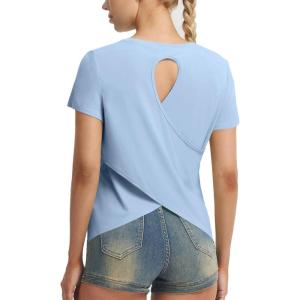 imagebaleaf Womens Short Sleeve Athletic Shirts Open Back Workout Tops Quick Dry Loose Fit Gym Running Yoga TShirts UPF 50Light Blue