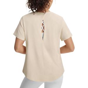 imagebaleaf Womens Short Sleeve Workout Shirts UPF 50 Open Back Tops Sun Protection Athletic Yoga TShirtsLight Brown
