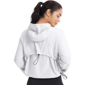 imagebaleaf Womens Sun Jackets Lightweight Packable Long Sleeve Hoodie Zip Up UPF 50 Crop Shirts Water Resistant Tops WorkoutWhite