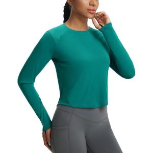 imagebaleaf Womens UPF 50 Long Sleeve Sun Shirts Crop Rash Guard UV Workout Tops SPF Slim Fit Lightweight Athletic HikingGreen
