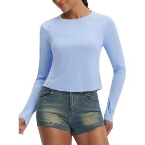 imagebaleaf Womens UPF 50 Long Sleeve Sun Shirts Crop Rash Guard UV Workout Tops SPF Slim Fit Lightweight Athletic HikingLight Blue