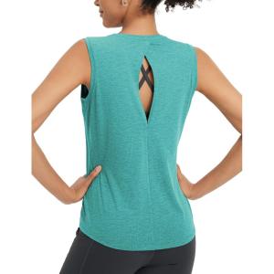 imagebaleaf Womens Workout Tank Tops Open Back Yoga Top High Neck Sleeveless Shirts Running Loose Fit Athletic GymHeather Green