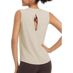 imagebaleaf Womens Workout Tank Tops Open Back Yoga Top High Neck Sleeveless Shirts Running Loose Fit Athletic GymHeather Khaki