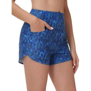 imageBALEAF Womens 3 Swim Board Shorts High Waisted Bathing Suit Bottoms for Swimming with Liner Pockets UPF 50Blue Leaf