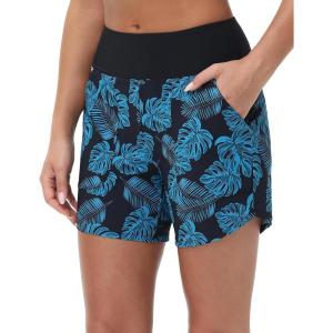 imagebaleaf Womens 3579 High Waisted Swim Board Shorts Quick Dry Swimsuits Bottoms Trunks with PocketsGreen Blue Leaf