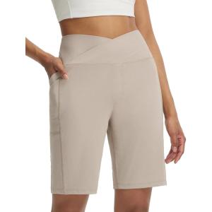 imageBALEAF Womens Bermuda Long Shorts with Pockets 9 Above Knee Length High Waisted Stretch Walking Athletic Dressy CasualKhaki