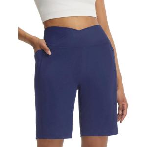 imageBALEAF Womens Bermuda Long Shorts with Pockets 9 Above Knee Length High Waisted Stretch Walking Athletic Dressy CasualNavy Blue